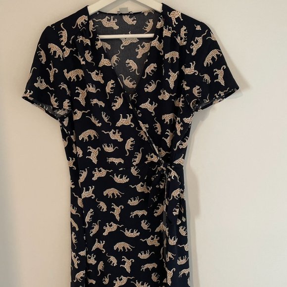 J Crew Navy Leopard Tie Wrap Dress - Picture 3 of 5